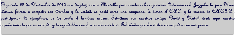 El pasado 28 de Noviembre de 2010 nos desplazamos a Marsella para asistir a la exposicin Internacional, Juzgaba la juez Mme. Larive, fuimos a competir con Sombra y la verdad, se port como una campeona, le dieron el C.A.C. y la reserva de C.A.C:I.B., participaron 12 ejemplares, de los cuales 4 hembras negras. Estuvimos con nuestros amigos David y Natali desde aqu nuestro agradecimiento por su acogida y lo agradables que fueron con nosotros. Felicidades por los xitos conseguidos con sus perros.